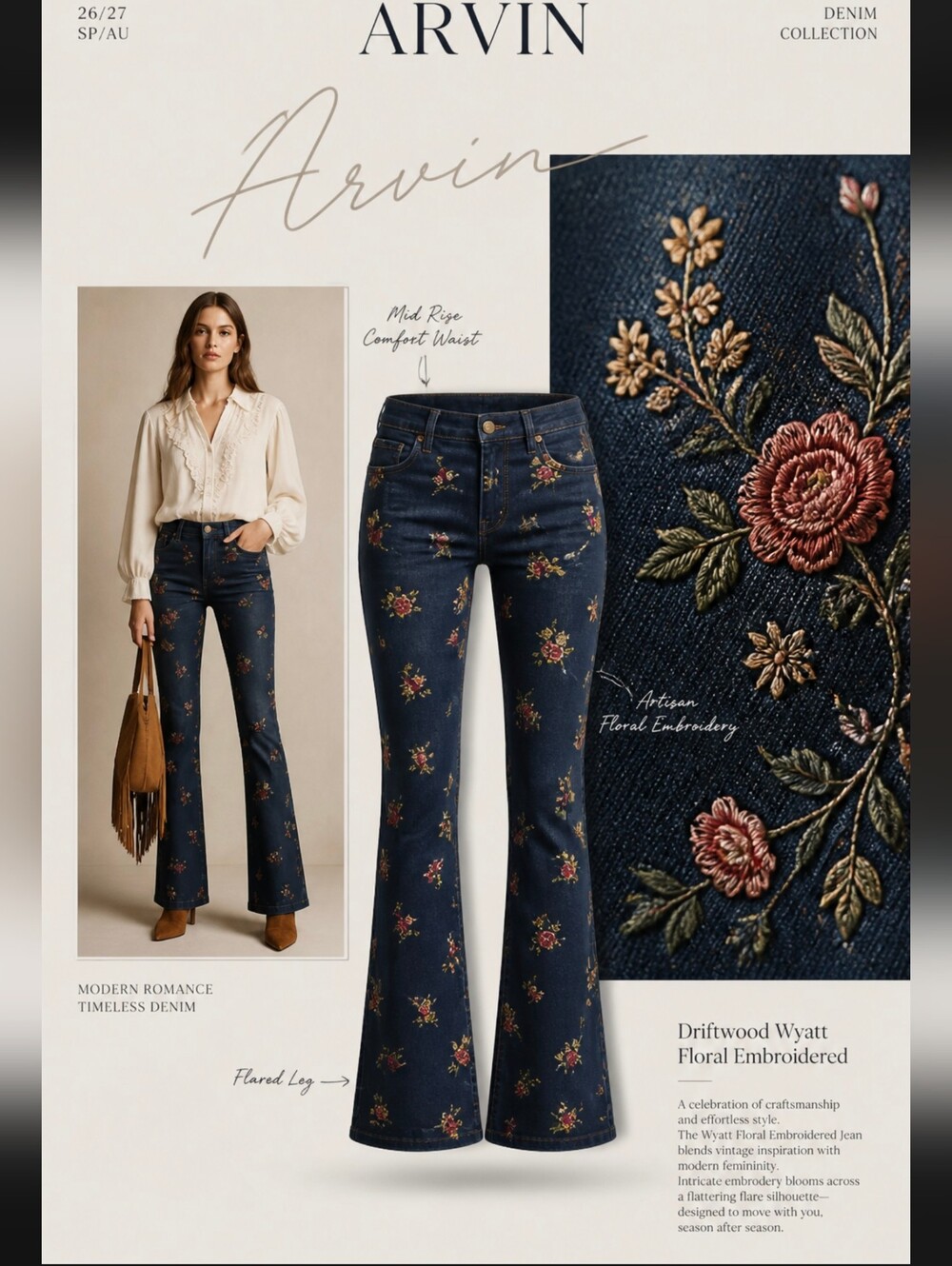 Driftwood Wyatt Floral Embroidered Flared Jeans Sz 26 NWT